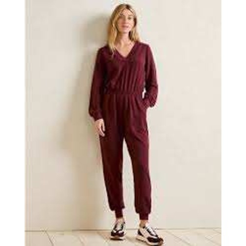 Garnet Hill Burgundy Tencel Lyocell V-Neck‎ Jogger Jumpsuit Size M Wine Red